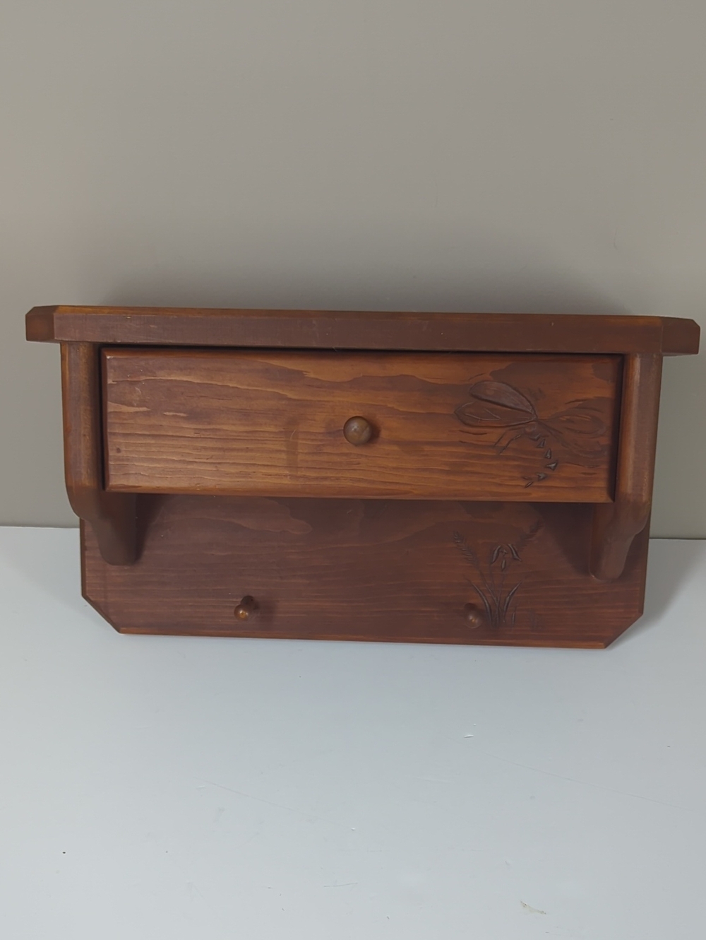 Handmade Wood Wall Shelf with Drawer - Brown Dragon Fly